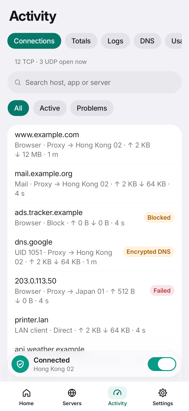 Pipe Activity showing connections, their apps, destinations and servers