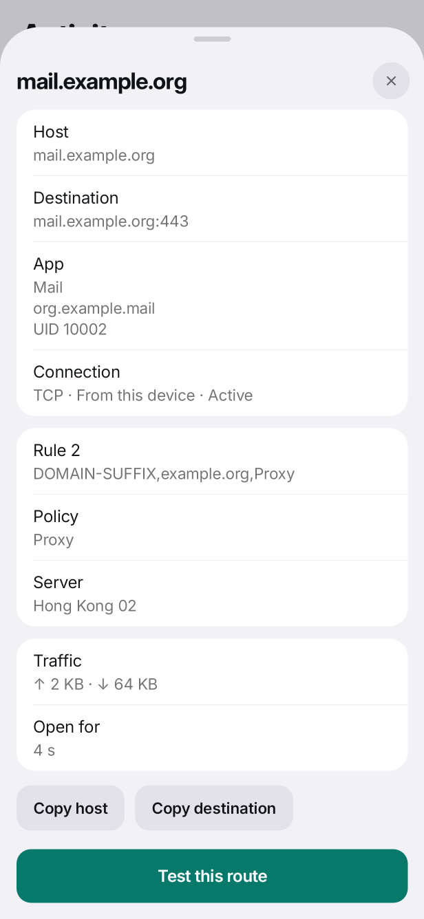 Pipe connection details with matched rule, server and route test