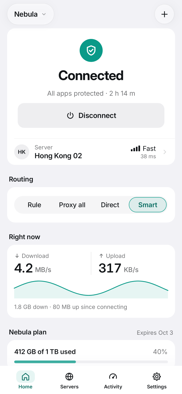 Pipe on Android showing connection status, routing controls and traffic